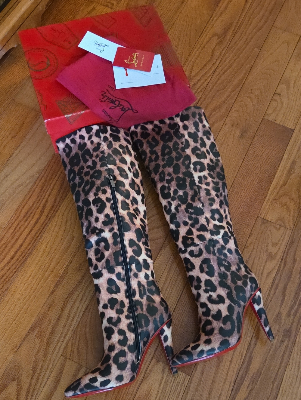 Christian Louboutin Leopard Over-the-Knee Stiletto Boots with Red Soles